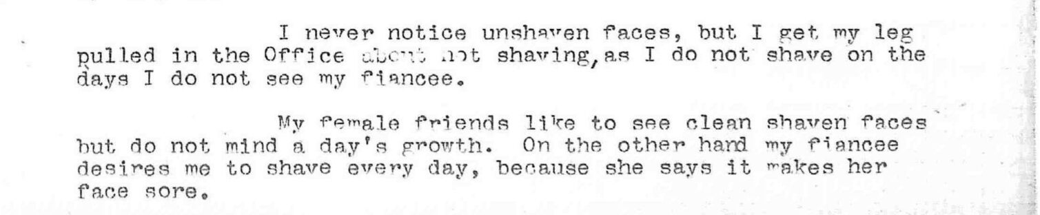Text discussing personal grooming habits and opinions on shaving.