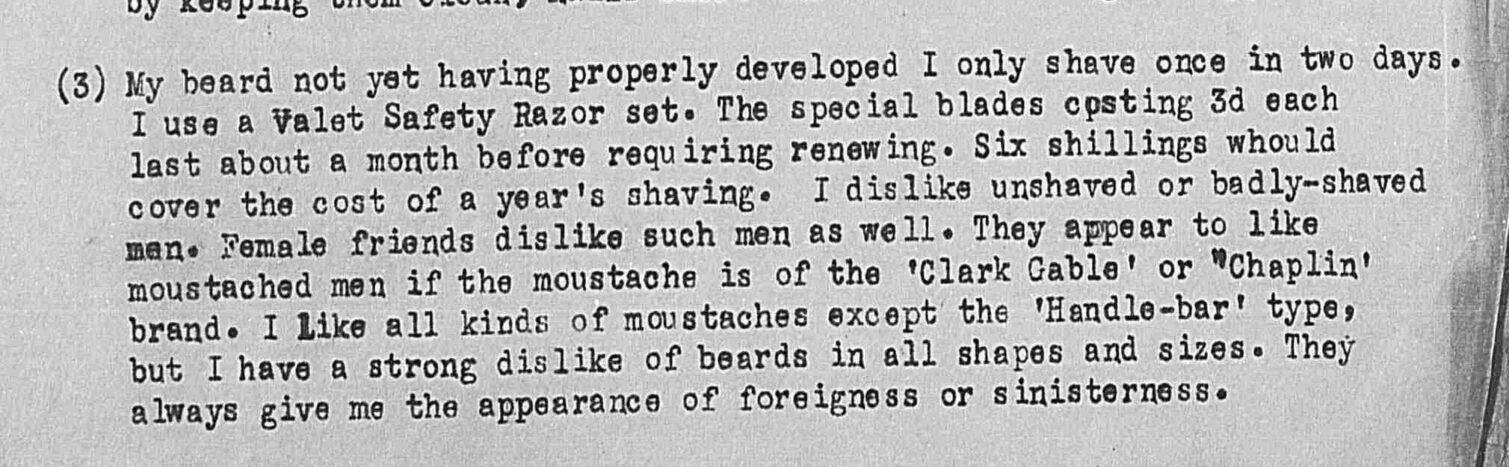 Typewritten text discussing personal grooming preferences, razor use, and opinions on facial hair.