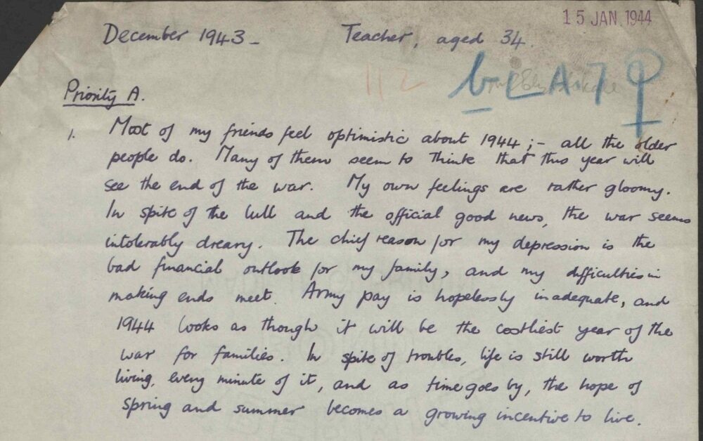 A handwritten letter dated December 1943, expressing feelings about the future and wartime struggles.