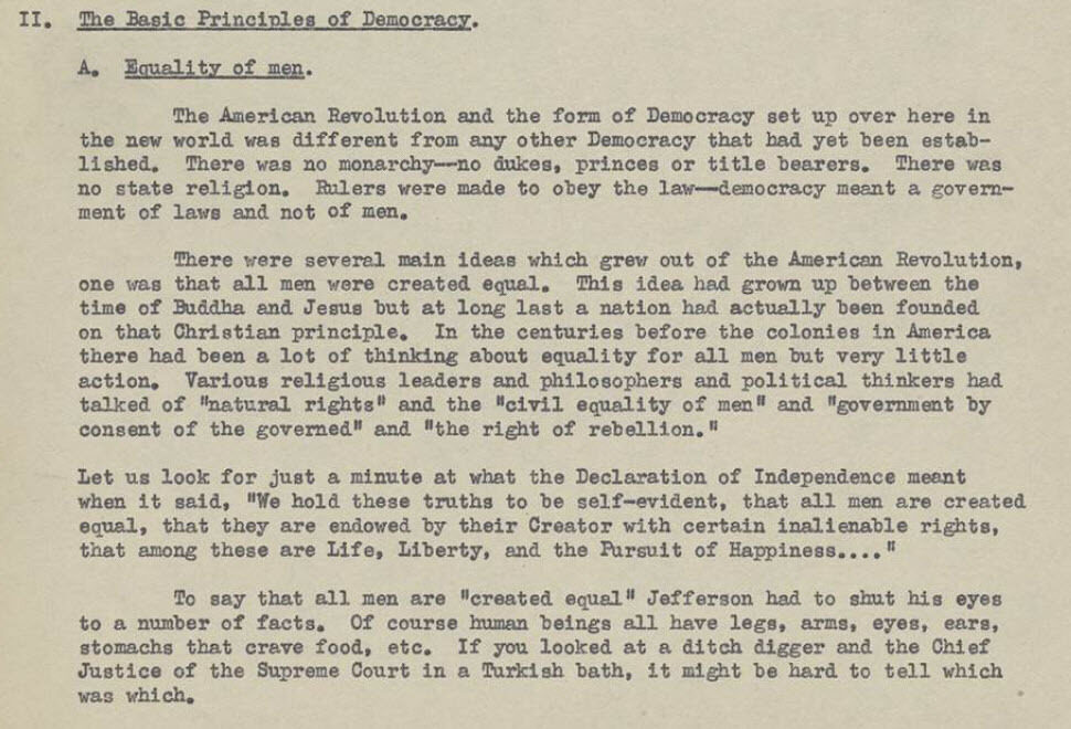 A typed document discussing democracy and the American Revolution, with historical analysis