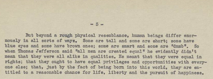 Typed text discussing human physical differences and equal rights