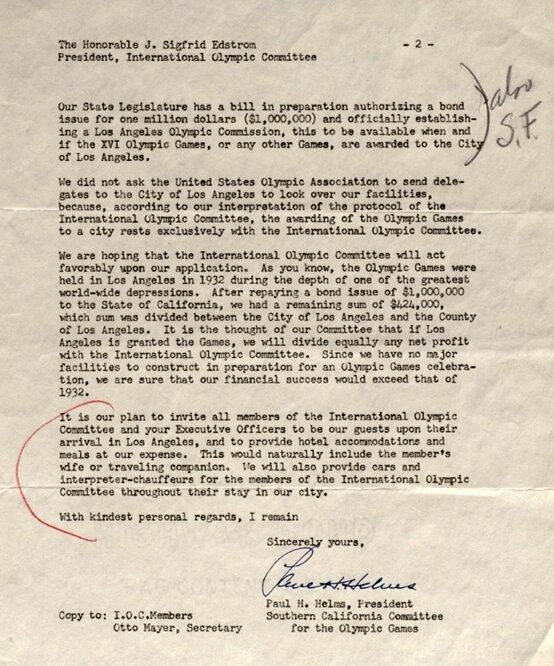 A typed letter to the International Olympic Committee about funding for the Los Angeles Olympic Games.